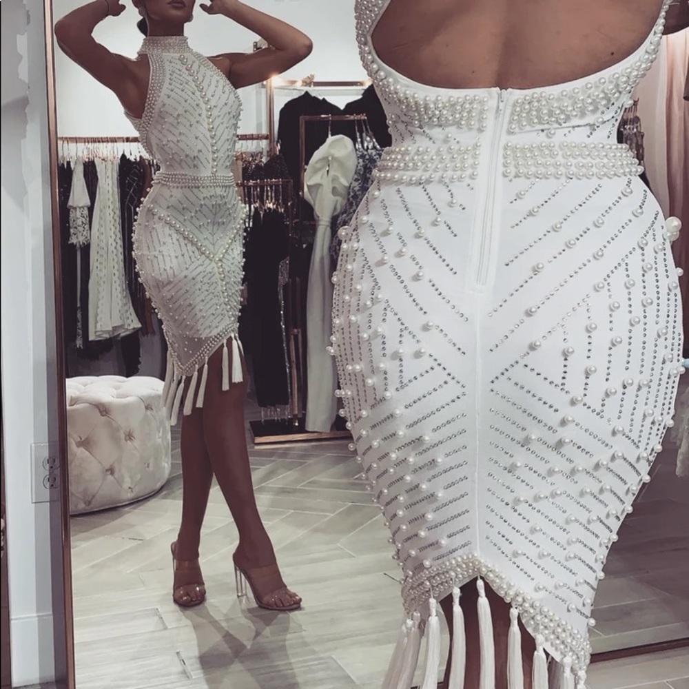 White dress with pearls